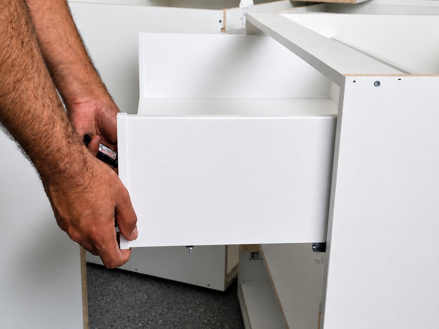 Cabinetmaker fitting and checking a drawer during assembly
