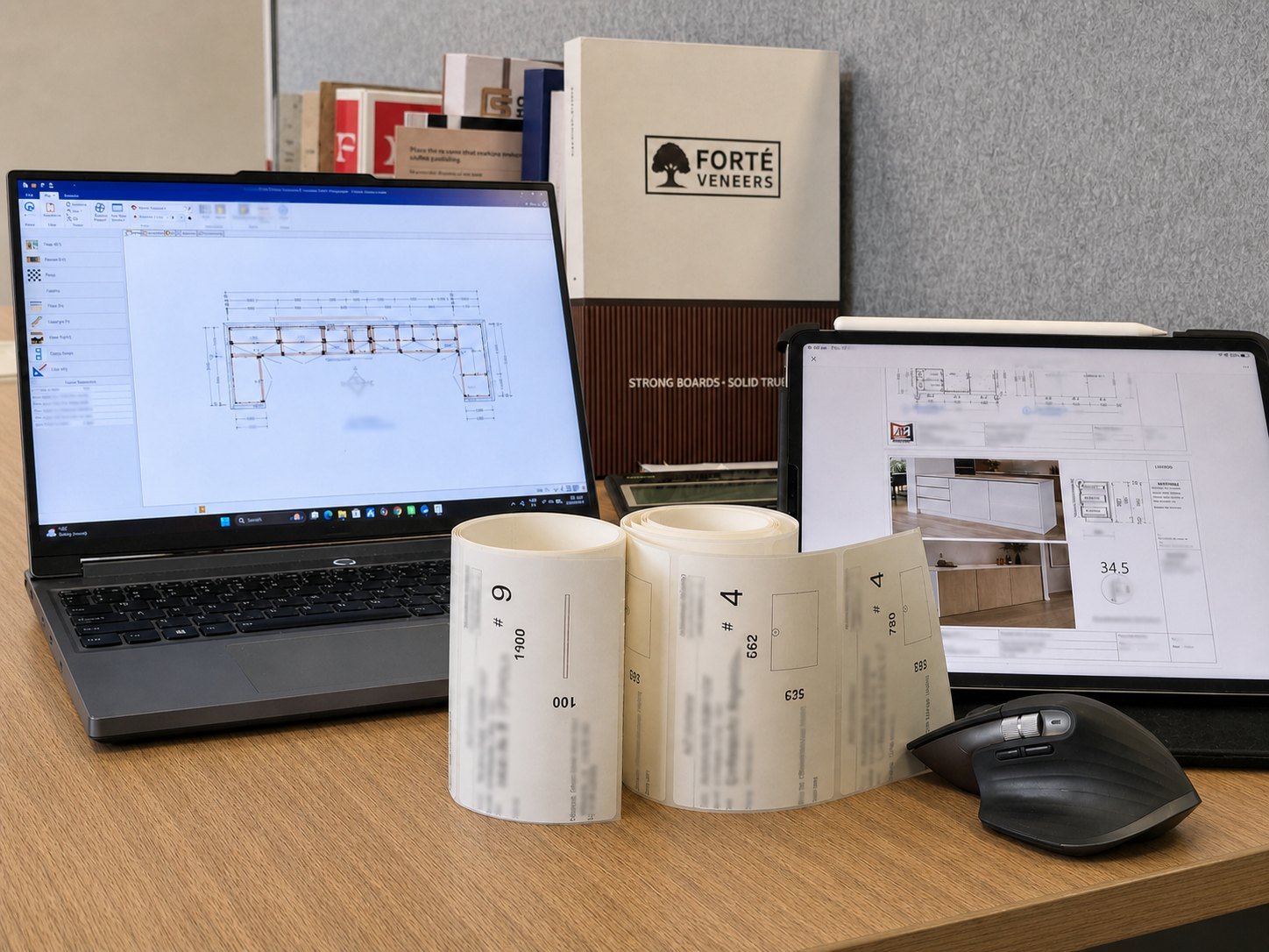 Detailed joinery drawings displayed on a workshop computer and tablet
