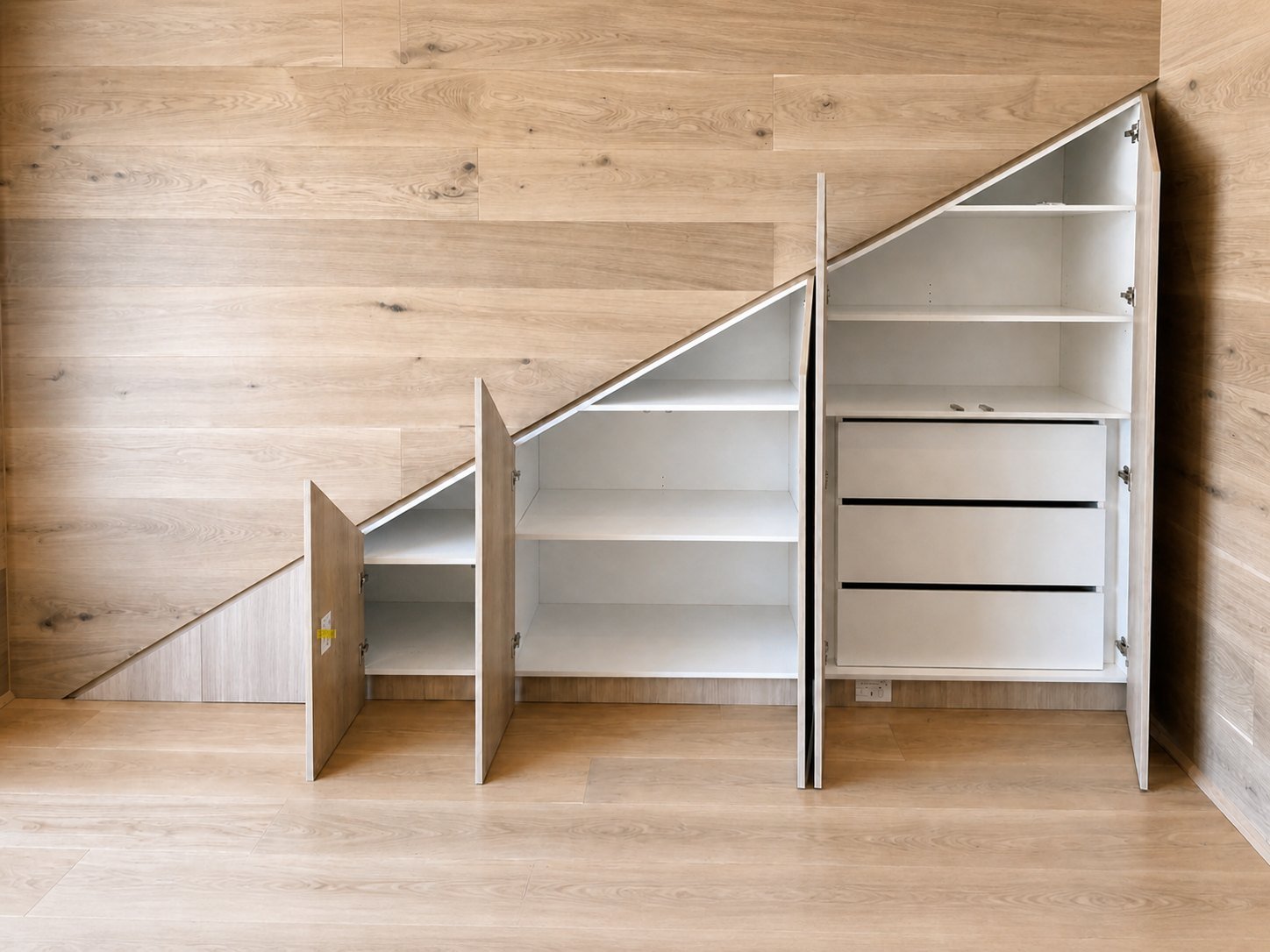 Completed custom under-stair cabinetry with open doors and drawers