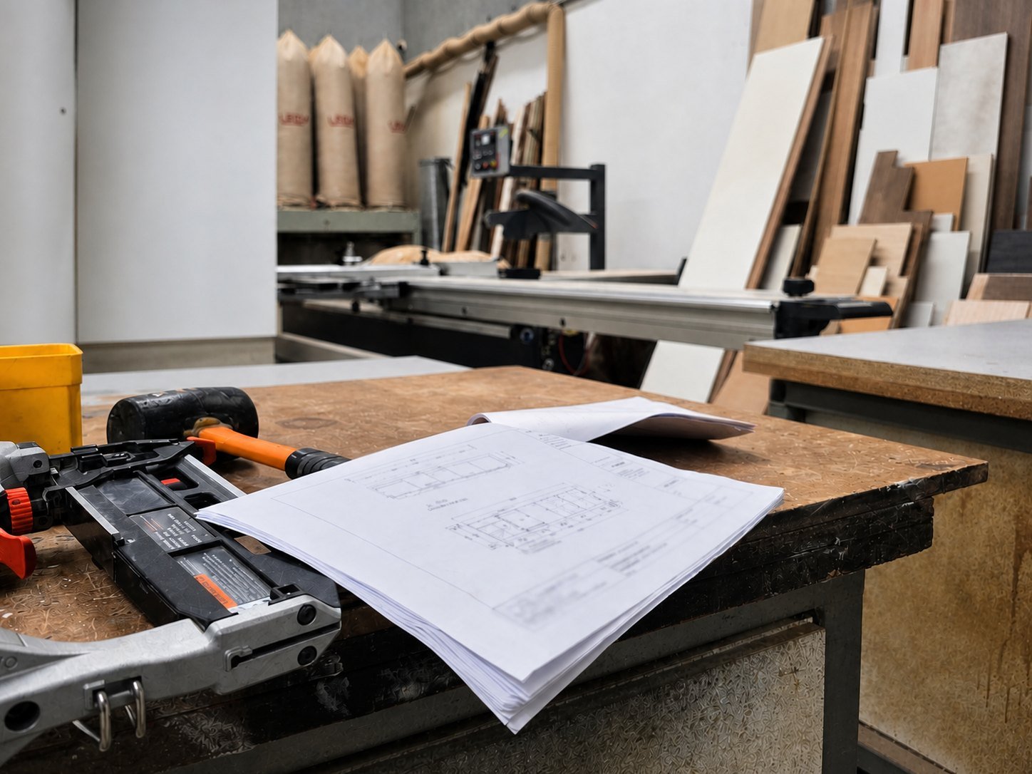 Production drawings on a workbench inside the AZ Joinery workshop